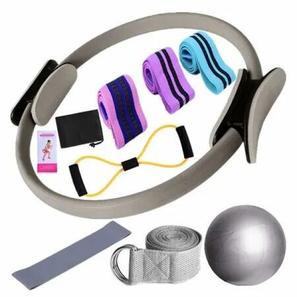 Yoga Pilates Kit,Essential Pilates Kit for Women,Pilates Ring and Ball Set,Resistance Bands,Figure 8 Band and Pilates Ball Color Grey