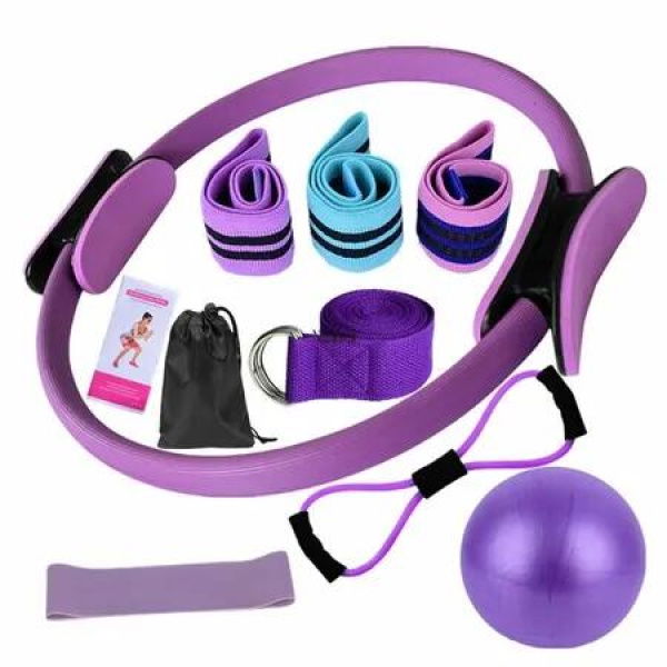 Yoga Pilates Kit,Essential Pilates Kit for Women,Pilates Ring and Ball Set,Resistance Bands,Figure 8 Band and Pilates Ball Color Purple