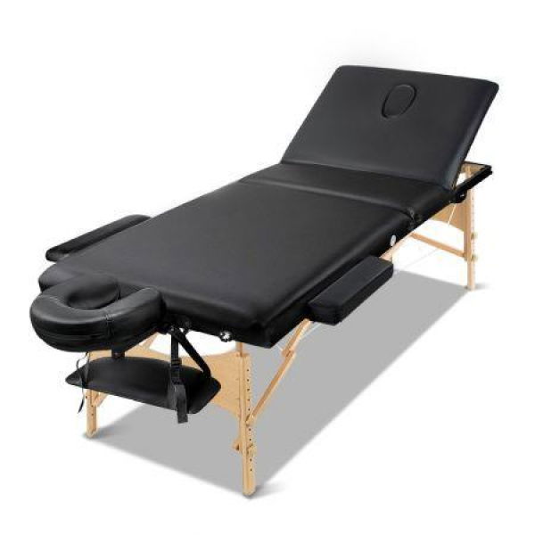 Zenses Massage Table 60cm 3 Fold Wooden Portable Beauty Therapy Bed Waxing Black