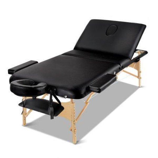 Zenses Massage Table 75cm 3 Fold Wooden Portable Beauty Therapy Bed Waxing Black