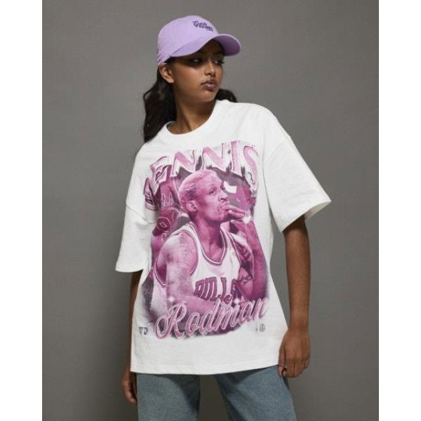 Mitchell & Ness Womens Rodman Photo T-shirt Vintage White