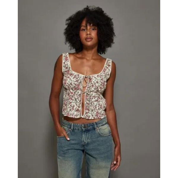 Motel Rocks Esau Tie Front Cami Top Vintage Bloom Ivory