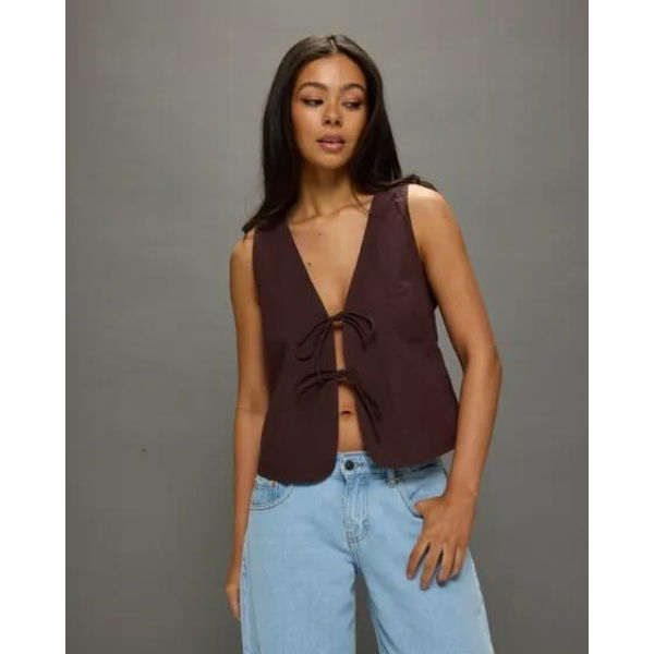 Motel Rocks Kayve Tie Top Poplin Deep Mahogany