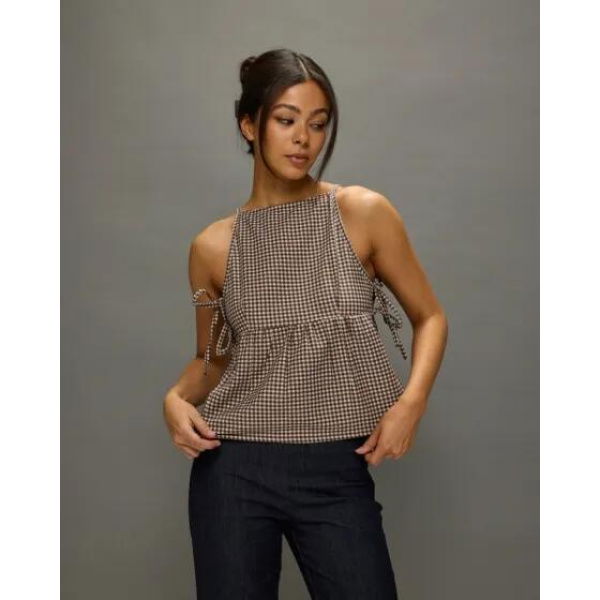 Motel Rocks Palsi Tie Side Top Gingham Brown