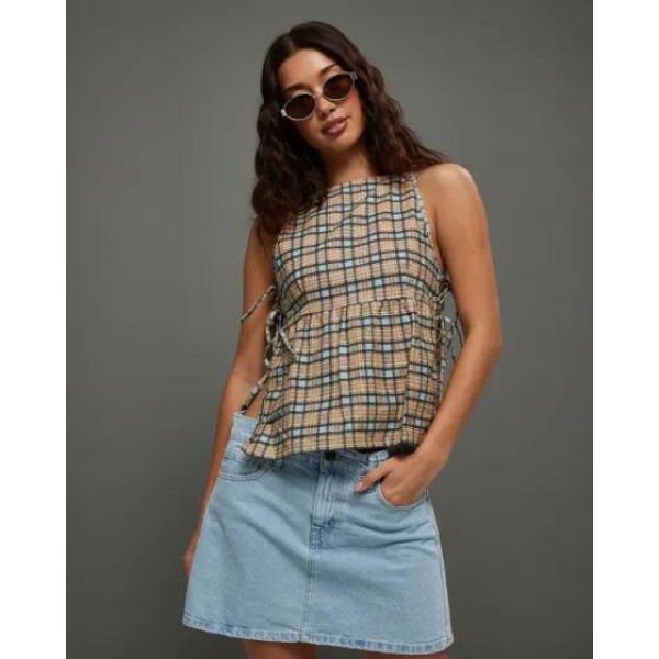 Motel Rocks Palsi Tie Side Top Pastel Blue Tartan