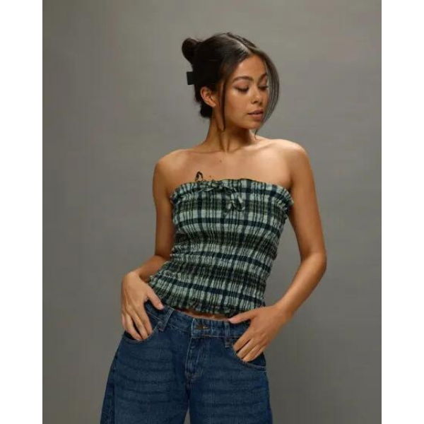 Motel Rocks Rigia Bandeau Top Linen Mono Chck Green