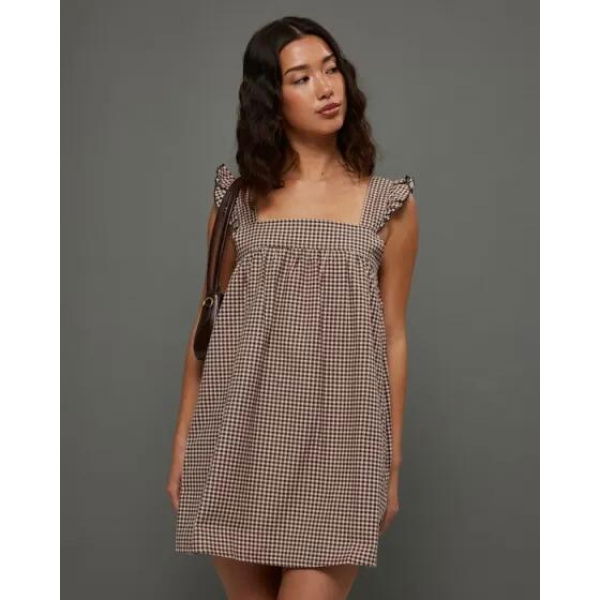 Motel Rocks Sanaly Mini Dress Gingham Brown