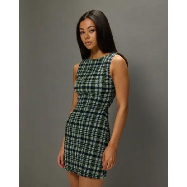 Motel Rocks Takayi Mini Dress Linen Mono Chck Green