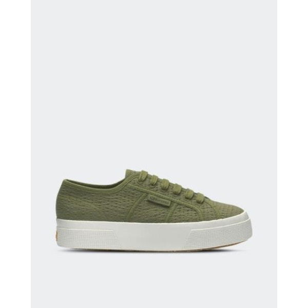 Superga Womens 2740 Platform Organic Seersucker Green Safari -f Avorio