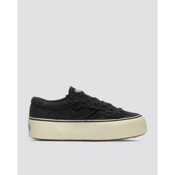 Superga Womens Revolley Fringed Stone Washed Platform Black Bristol-f Off White