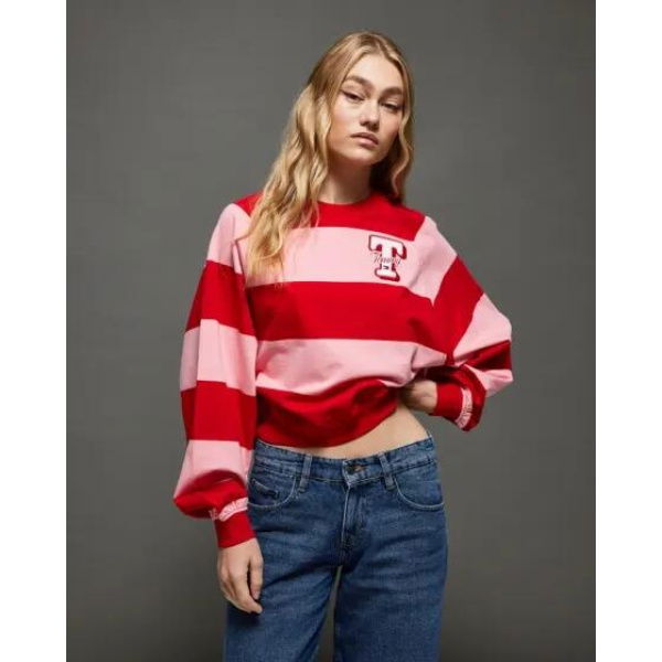 Tommy Hilfiger Relaxed Letterman Stripe Sweatshirt Tickled Pink