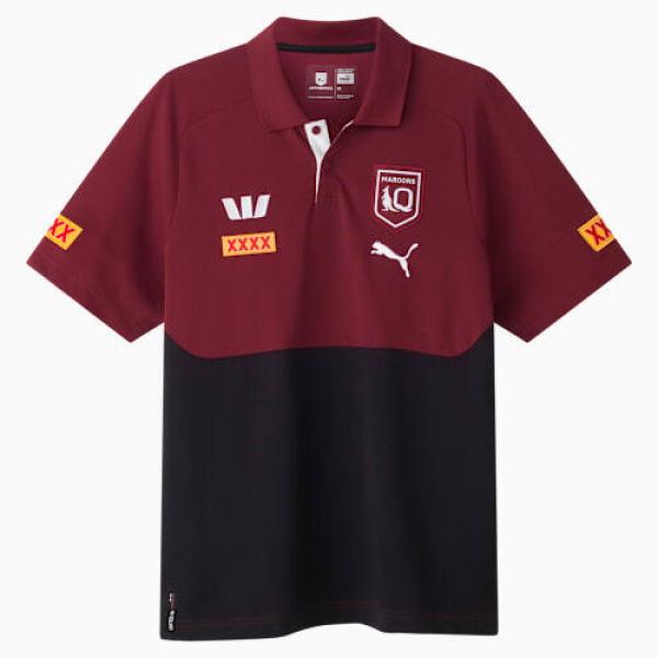 2025 QLD Maroons Men's Team Polo Top in Black/Burgundy/Qrl, Size Medium, Cotton/Polyester by PUMA