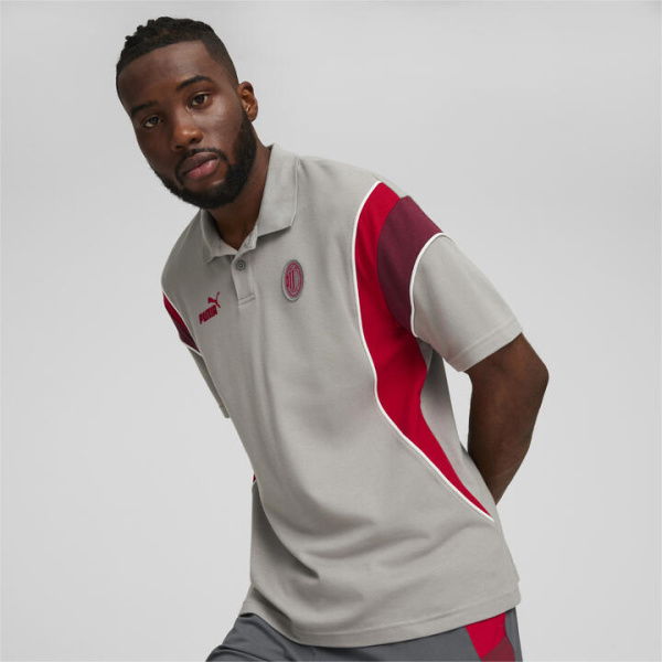 AC Milan FtblArchive Men's Football Polo Top in Concrete Gray/Tango Red, Size Small, Cotton/Polyester by PUMA