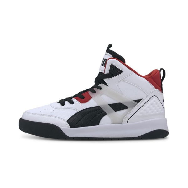 Backcourt Mid Unisex Sneakers in White/Black/High Risk Red, Size 10, Textile by PUMA Shoes