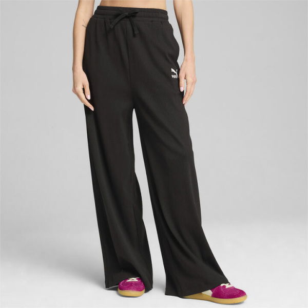 CLASSICS Ribbed Women's Relaxed Pants in Black, Size Large, Cotton/Polyester/Elastane by PUMA