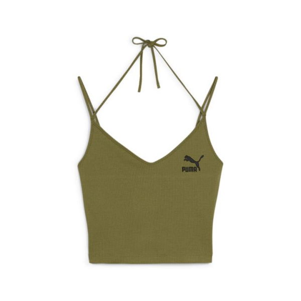 CLASSICS Women's Ribbed Crop Top in Olive Green, Size Large, Cotton/Polyester/Elastane by PUMA