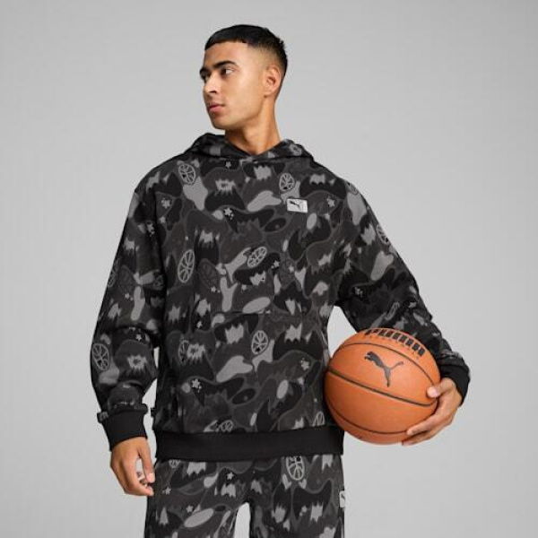 Dress Code Camo Men's Basketball Hoodie in Black/Aop, Size Small, Cotton/Polyester by PUMA