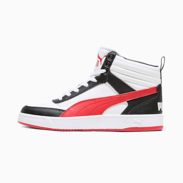 Dribble Mid Sneakers Unisex in White/For All Time Red/Black, Size 4.5 by PUMA Shoes