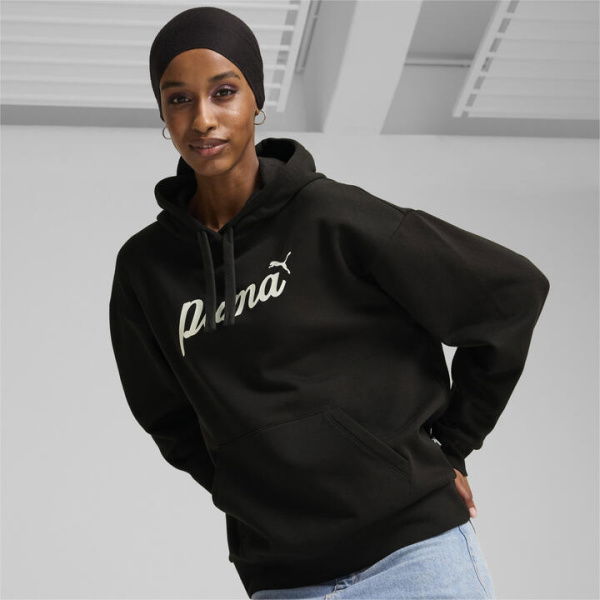 ESS+ Script Women's Hoodie in Black/White Rubber, Size Large, Cotton by PUMA