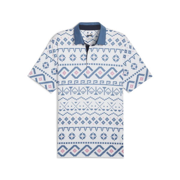 Fair Isle Men's Print Golf Polo Top in White Glow/Blue Horizon, Size Medium, Polyester/Elastane by PUMA