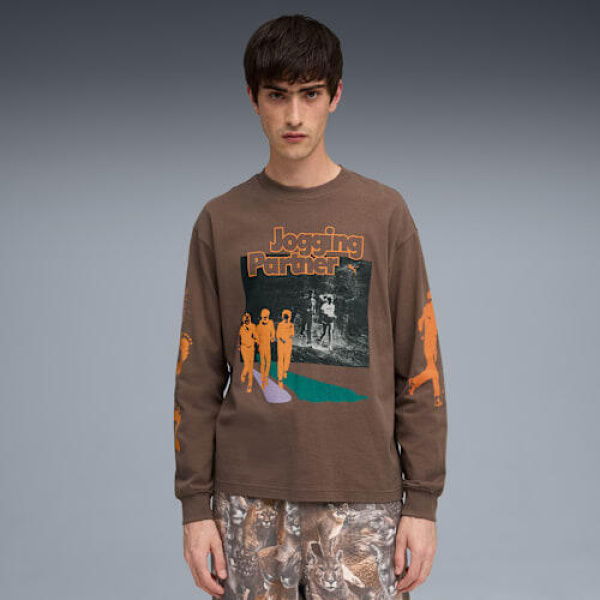 GRAPHIC Jogging Partner Men's Long Sleeve Top in Flat Bronze, Size Small, Cotton by PUMA
