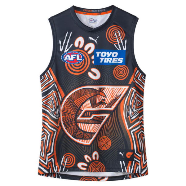 GWS Giants 2024 Men's Replica Indigenous Guernsey in White/Orange Tiger/Giants, Size Medium by PUMA