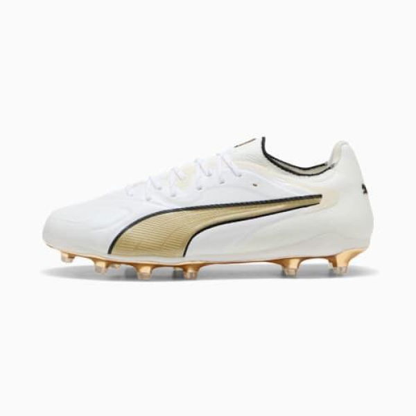 KING 20 ULTIMATE FG/AG Unisex Football Boots in White/Metallic Gold/Black, Size 13, Textile by PUMA Shoes