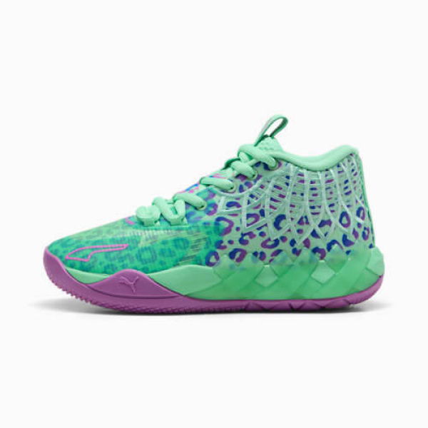 MB.01 Alien Safari Basketball Shoes Youth in Green Glimmer/Pure Magenta/Hyperlink Blue, Size 4, Synthetic by PUMA Shoes
