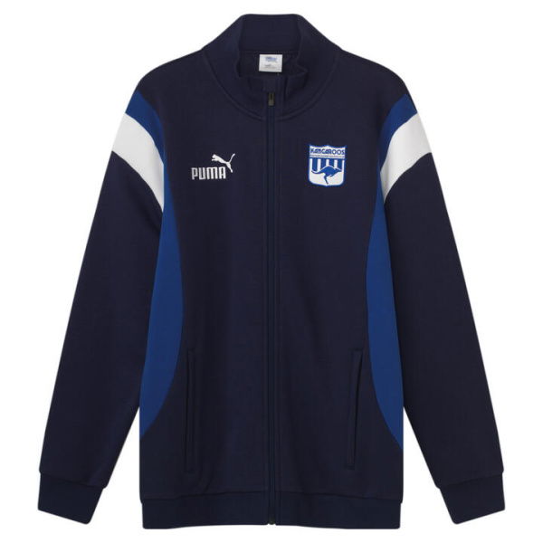 North Melbourne Football Club 2024 Menâ€™s Heritage Zip Up Jacket in Dark Navy/Surf The Web/Nmfc, Size Large, Cotton/Polyester by PUMA