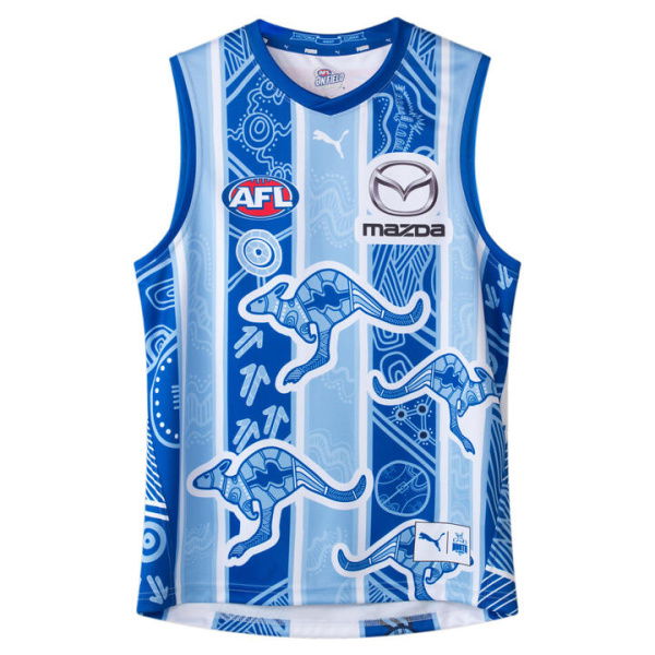 North Melbourne Football Club 2024 Men's Replica Indigenous Guernsey in Surf The Web/White/Nmfc Indigenous, Size Small by PUMA