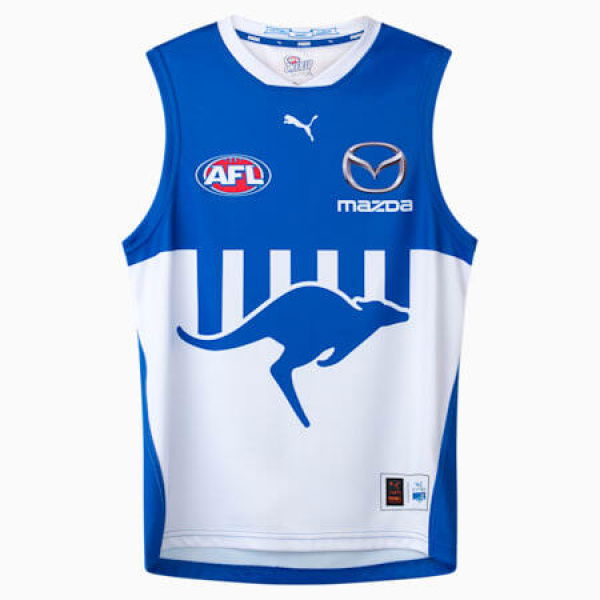 North Melbourne Football Club 2025 Men's Replica Away Guernsey in White/Surf The Web/Nmfc Away, Size Large by PUMA