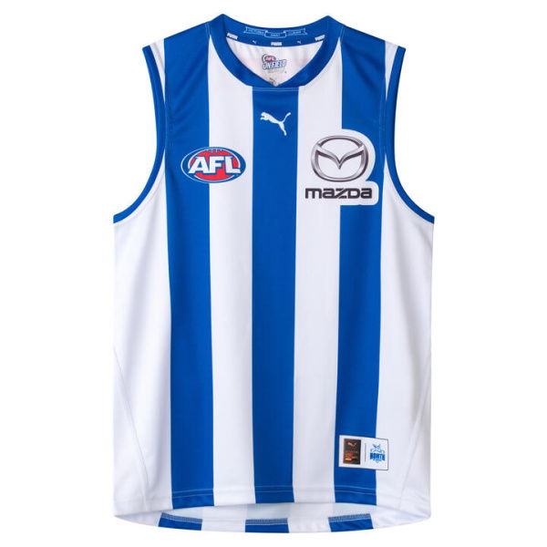 North Melbourne Football Club 2025 Men's Replica Home Guernsey in White/Surf The Web/Nmfc Home, Size Medium by PUMA