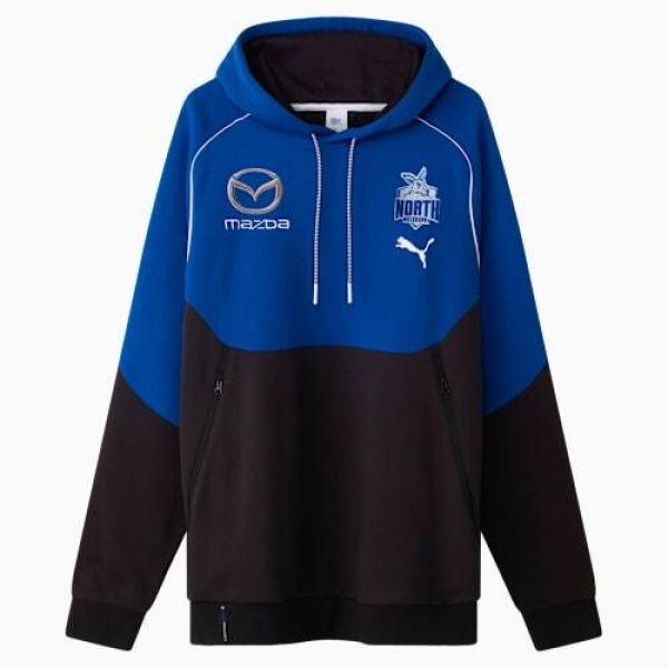 North Melbourne Football Club 2025 Men's Team Hoodie in Black/Surf The Web/White, Size Medium by PUMA