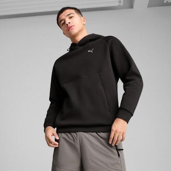 PUMATECH Men's Relaxed Graphic Hoodie in Black, Size Medium, Cotton