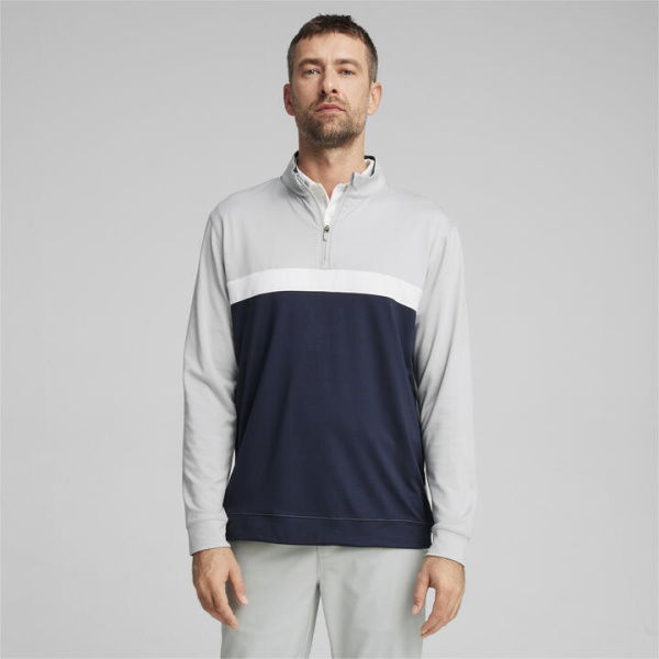 Pure Colorblock Men's Golf 1/4 Zip Pullover Shirt in Ash Gray/Deep Navy, Size Small, Polyester by PUMA