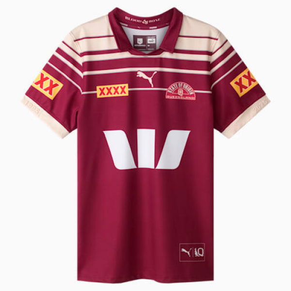 QLD Maroons 2025 Men's Captains Run Replica Jersey Shirt in Black/Burgundy/Qrl, Size Small by PUMA