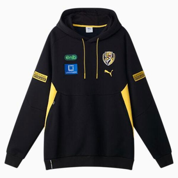 Richmond Football Club 2025 Men's Team Hoodie in Black/Vibrant Yellow/Rfc, Size Medium by PUMA