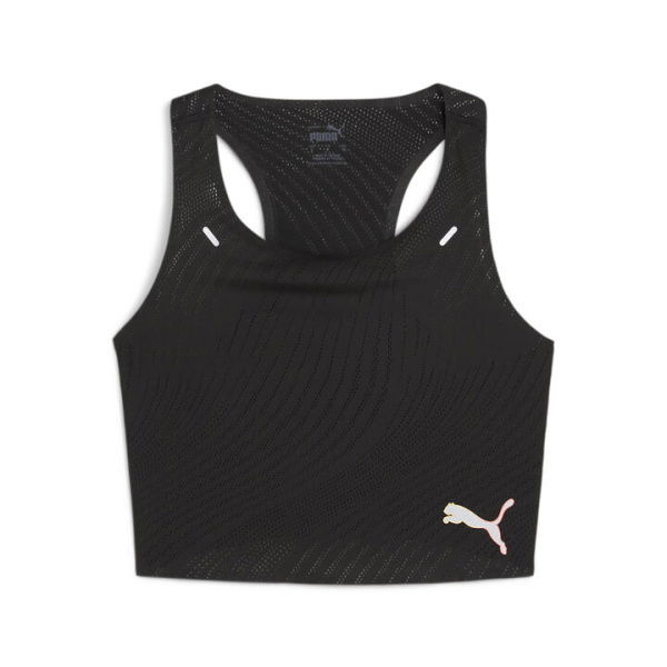 RUN ULTRASPUN Women's Running Crop Top in Black/Fireglow, Size Medium, Polyester by PUMA