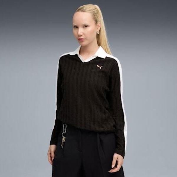 T7 Women's Relaxed Long Sleeve Polo Top in Black, Size Small, Cotton by PUMA