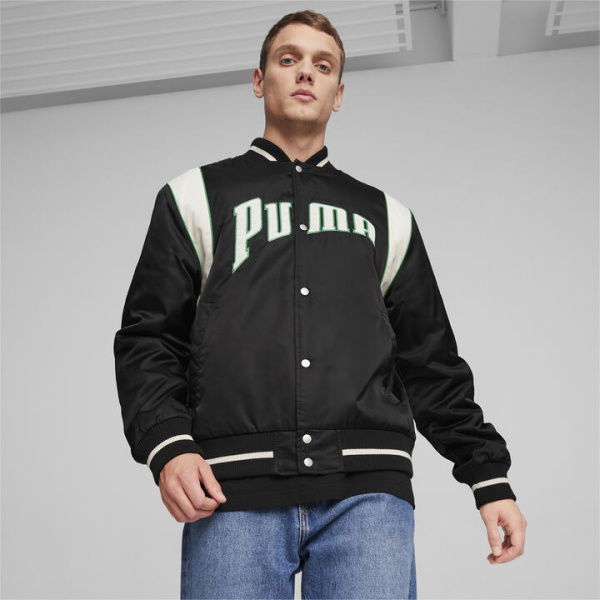 TEAM Unisex Varsity Jacket in Black, Size Large, Polyester by PUMA