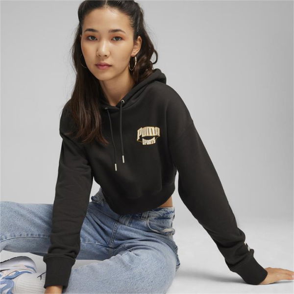 TEAM Women's Cropped Hoodie in Black, Size Large, Cotton by PUMA