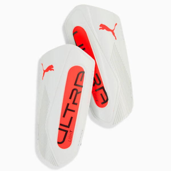 ULTRA Light Football Strap Shinguards in White/Glowing Red, Size Small, Polyester/Polyamide/Rubber by PUMA