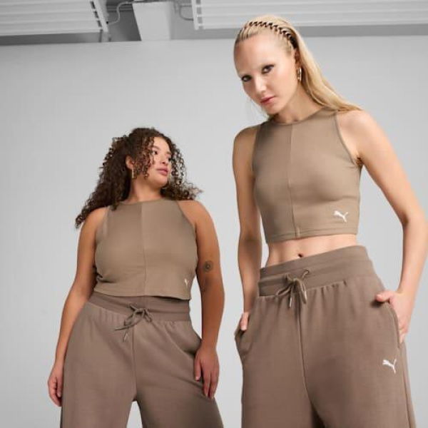 WARDROBE ESS Ribbed Women's Crop Top in Totally Taupe, Size Small, Cotton/Polyester/Elastane by PUMA