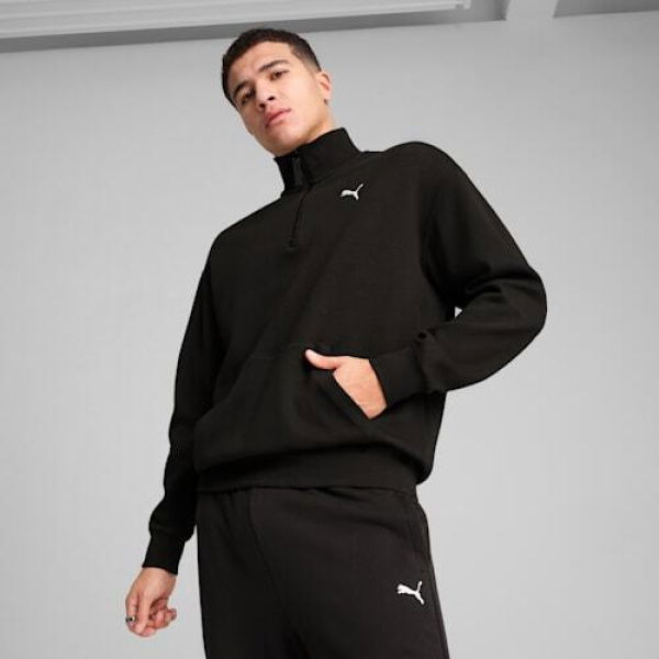 WARDROBE ESSENTIALS Men's Relaxed Half Zip Crew Top in Black, Size Small, Cotton by PUMA