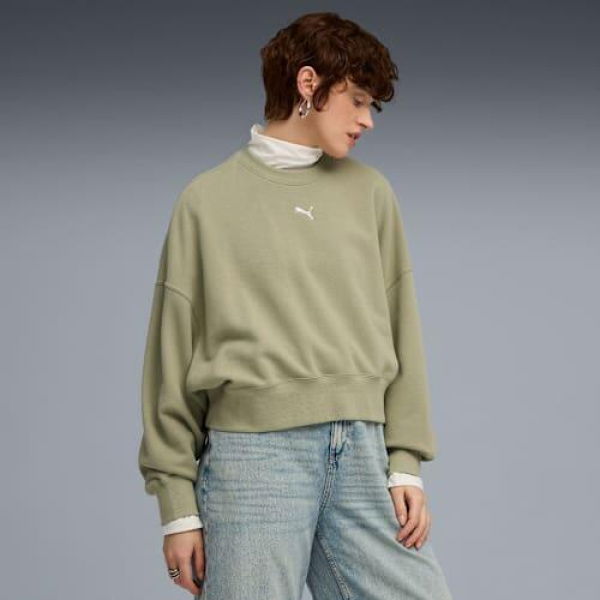 WARDROBE ESSENTIALS Women's Oversized Crew Top in Lux Army, Size XS, Cotton/Polyester by PUMA