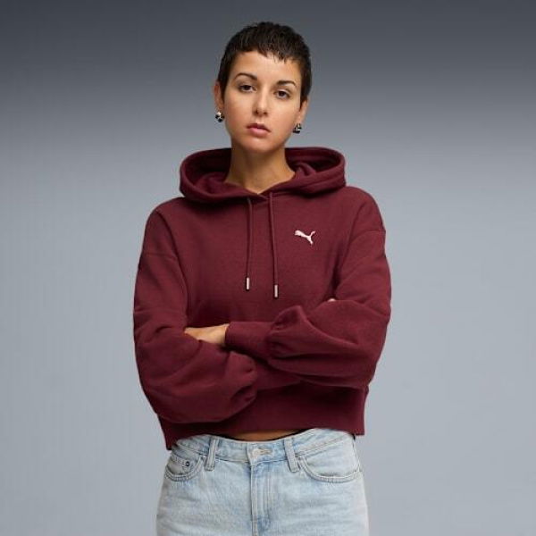 WARDROBE ESSENTIALS Women's Relaxed Cropped Hoodie in Ruby Shimmer, Size XS, Cotton/Polyester by PUMA