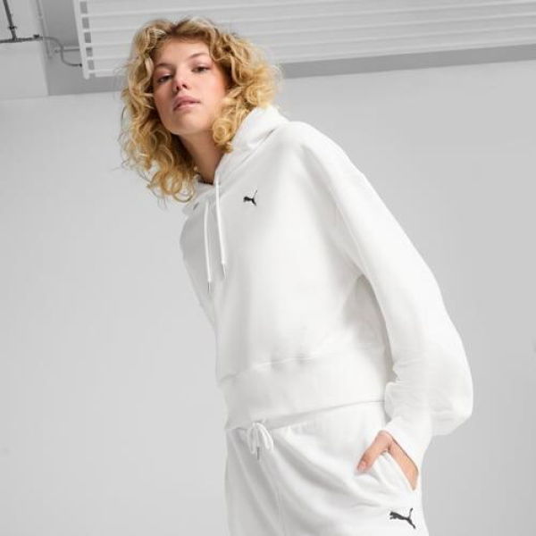 WARDROBE ESSENTIALS Women's Relaxed Cropped Hoodie in White, Size XS, Cotton/Polyester by PUMA