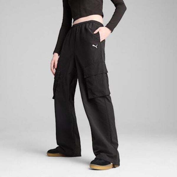 WARDROBE ESSENTIALS Women's Relaxed Woven Cargo Pants in Black, Size XS, Polyester by PUMA
