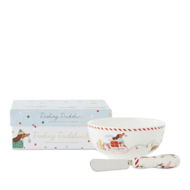 Detailed information about the product Adairs White Bowl & Spreader Christmas Multi Dashing Dachshunds Bowl & Spreader