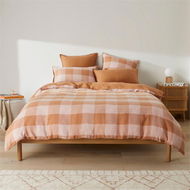 Detailed information about the product Adairs Pink Vintage Washed Linen Large Caramel & Pink Check King Quilt Cover